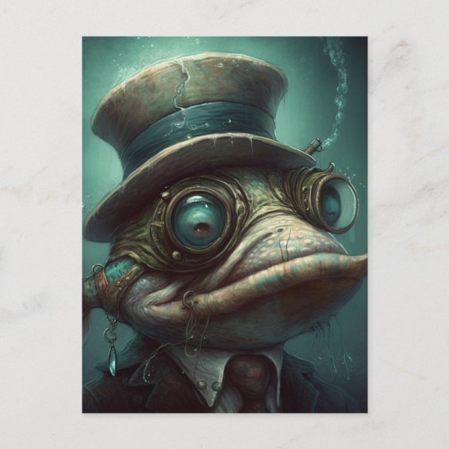 Funny Steampunk Fish in a Suit Postcard (Front)