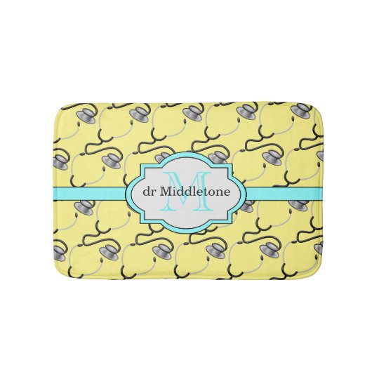 Funny stethoscopes for doctors on yellow name bath mat