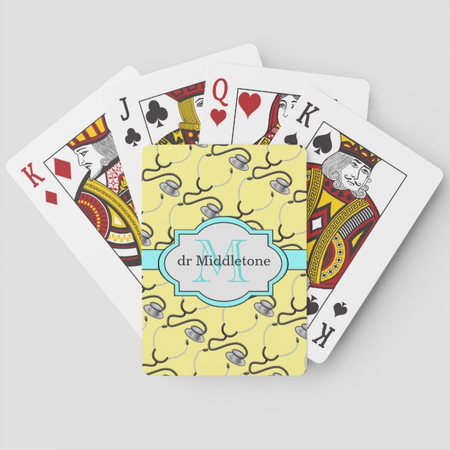Funny stethoscopes for doctors on yellow name playing cards (Back)