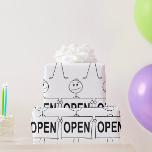 Funny Stick Figure Holding Open Sign  Wrapping Paper