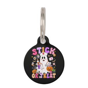 Funny Stick Or Treat Cute Nurse Ghost Halloween Pet Tag