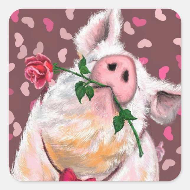 Funny Sticker Gentleman Pig with Rose - Love (Front)