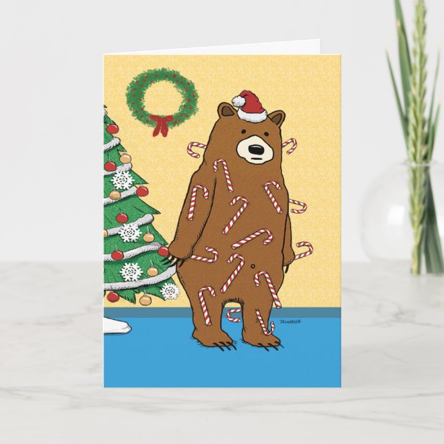 Funny Sticky Candy Cane Bear Christmas Holiday Card (Front)