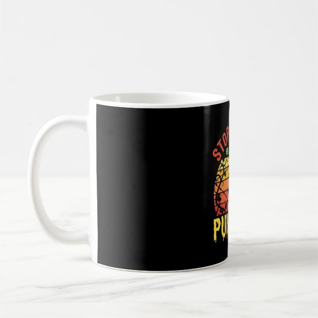 Funny Stop Staring At My Pumpkins Halloween Design Coffee Mug (Left)