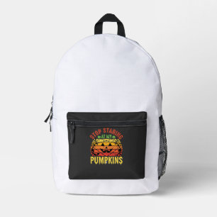 Funny Stop Staring At My Pumpkins Halloween Design Printed Backpack