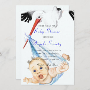 Funny Stork Carrying Baby Boy Shower Invitation