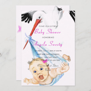 Funny Stork Carrying Baby Girl Shower Invitation