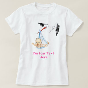 Funny Stork Carrying Baby T-Shirt with Custom Text