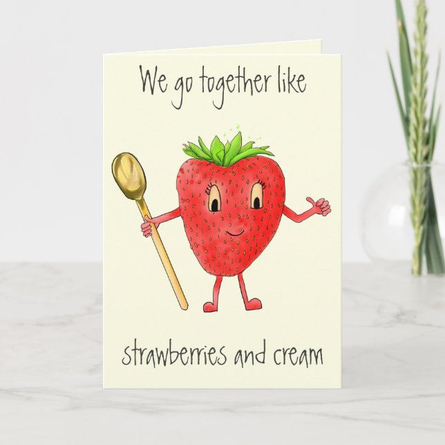 Funny Strawberry & Cream Quirky Cartoon Love Art Card (Front)