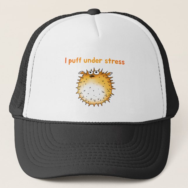 Funny Stressed Pufferfish Cartoon Trucker Hat (Front)