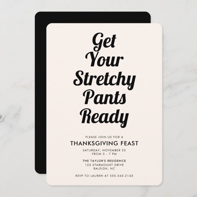 Funny Stretchy Pants Thanksgiving Dinner Black Invitation (Front/Back)