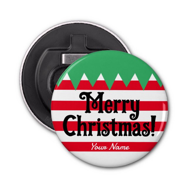 Funny striped Christmas elf suit personalised Bottle Opener (Front)