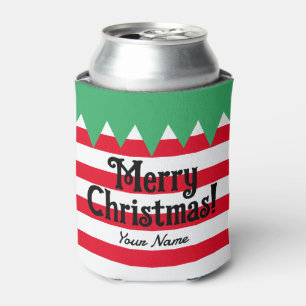 Funny striped Christmas elf suit personalised Can Cooler