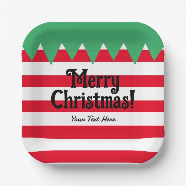 Funny striped elf suit custom Christmas party  Paper Plate (Front)