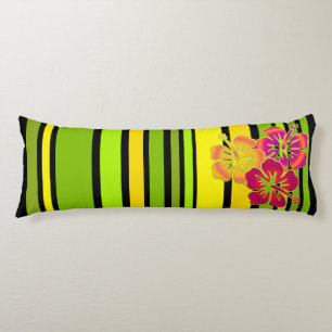 Funny Stripes coloured V & hibiscus + your backgr. Body Cushion