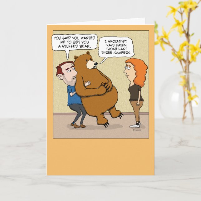 Funny Stuffed Bear Surprise Birthday Card (Yellow Flower)