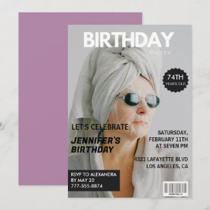Funny  Stylish Photo Magazine 74th birthday Invitation