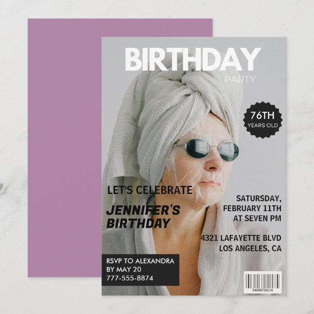 Funny  Stylish Photo Magazine 76th birthday Invitation (Front/Back)