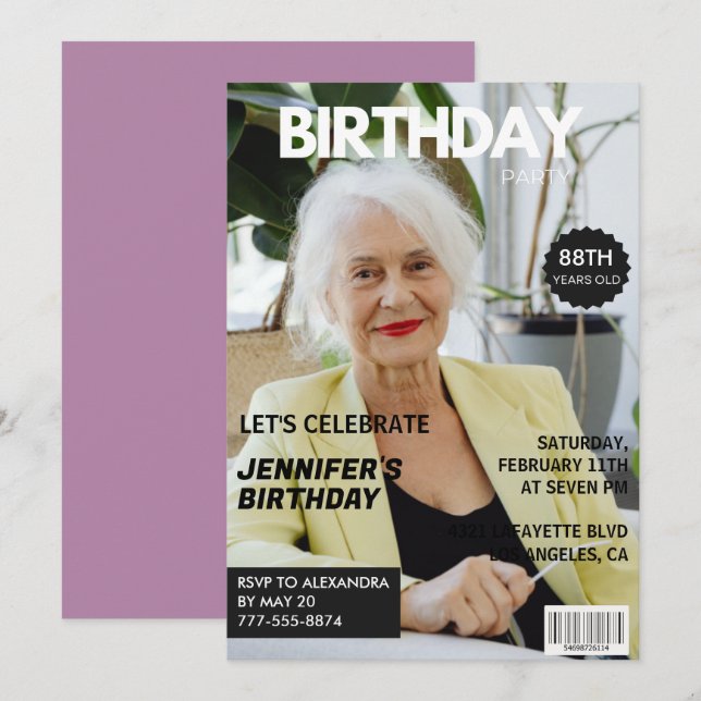 Funny  Stylish Photo Magazine 88th birthday Invitation (Front/Back)