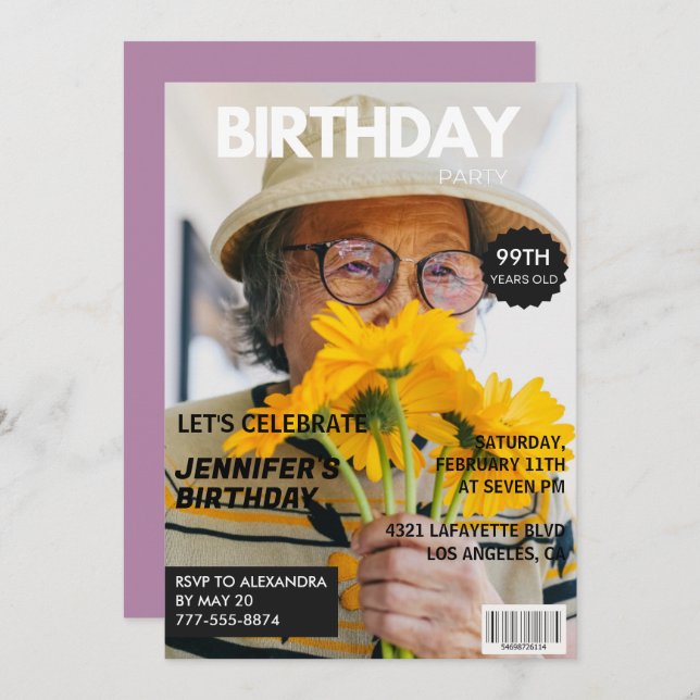 Funny  Stylish Photo Magazine 99th birthday Invitation (Front/Back)