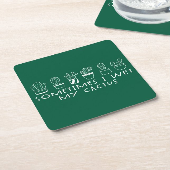 Funny Succulent Cactus, Sometimes I Wet My Cactus Square Paper Coaster (Angled)