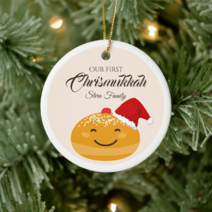 Funny Sufganiyah Our First Chrismukkah, Hanukkah Ceramic Tree Decoration