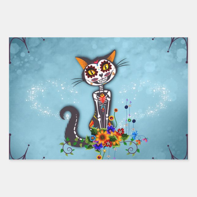 Funny sugar skeleton cat wrapping paper sheet (Front)