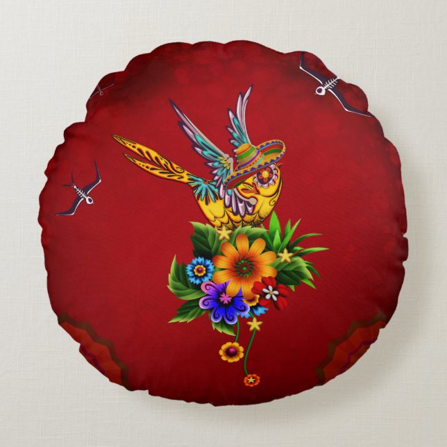 Funny sugar skull bird round cushion (Front)