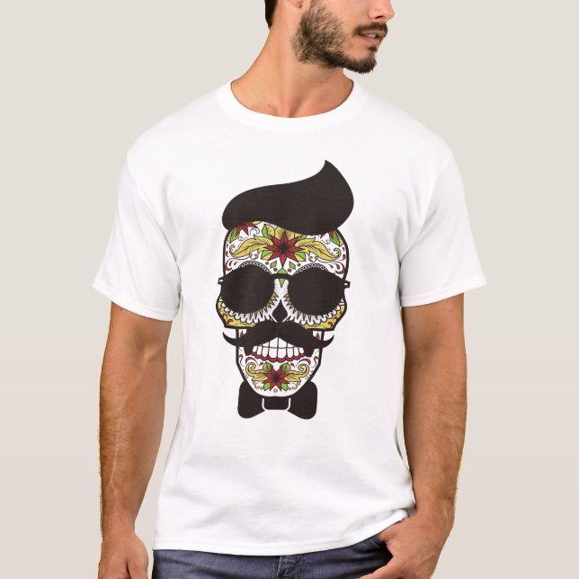 Funny Sugar Skull Hipster Moustache Nerd Halloween T-Shirt (Front)