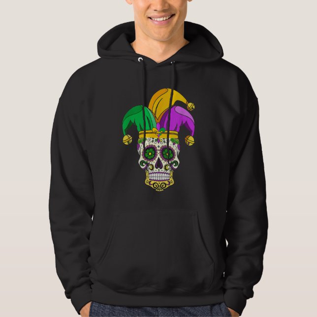 Funny Sugar Skull Mardi Gras Party Apparel Men Wom Hoodie (Front)