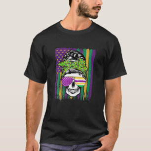 Funny Sugar Skull Messy Bun Mardi Gras Party Appar T-Shirt