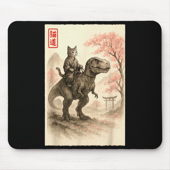 Funny Sumi-e Kawaii Cat Riding Dinosaur Japanese A Mouse Mat (Front)