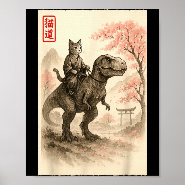 Funny Sumi-e Kawaii Cat Riding Dinosaur Japanese A Poster (Front)