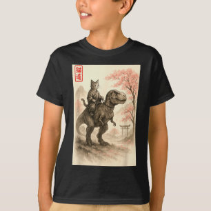 Funny Sumi-e Kawaii Cat Riding Dinosaur Japanese A T-Shirt
