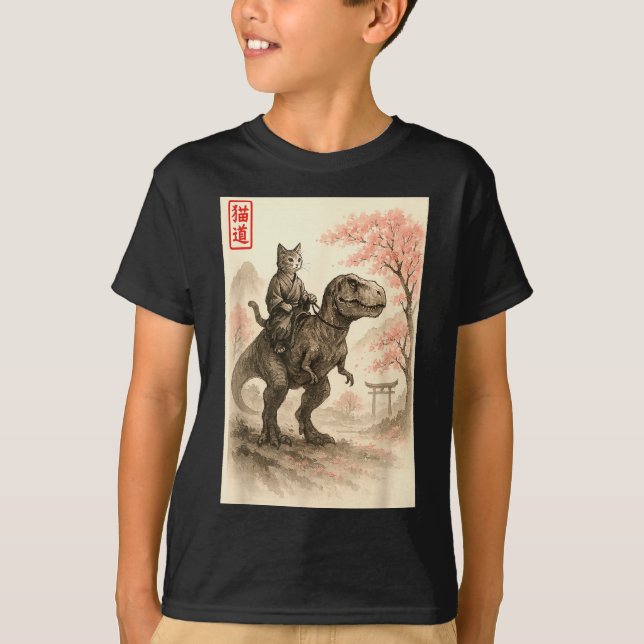 Funny Sumi-e Kawaii Cat Riding Dinosaur Japanese A T-Shirt (Front)