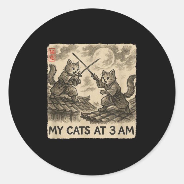 Funny Sumi-e Kawaii Ink Painting Japanese My Cats  Classic Round Sticker (Front)