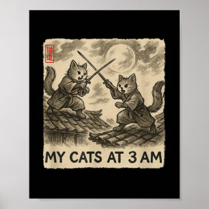 Funny Sumi-e Kawaii Ink Painting Japanese My Cats  Poster