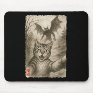 Funny Sumi-e Kawaii Surprised Scared Cat Selfie Wi Mouse Mat
