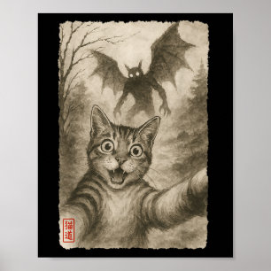 Funny Sumi-e Kawaii Surprised Scared Cat Selfie Wi Poster
