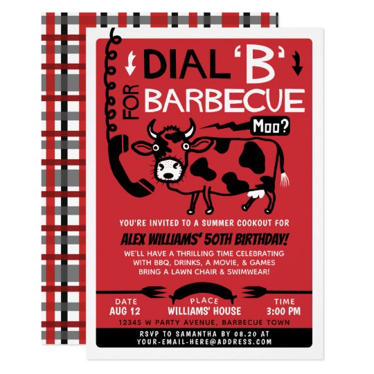 funny summer barbecue cookout retro 60s bbq cow invitation