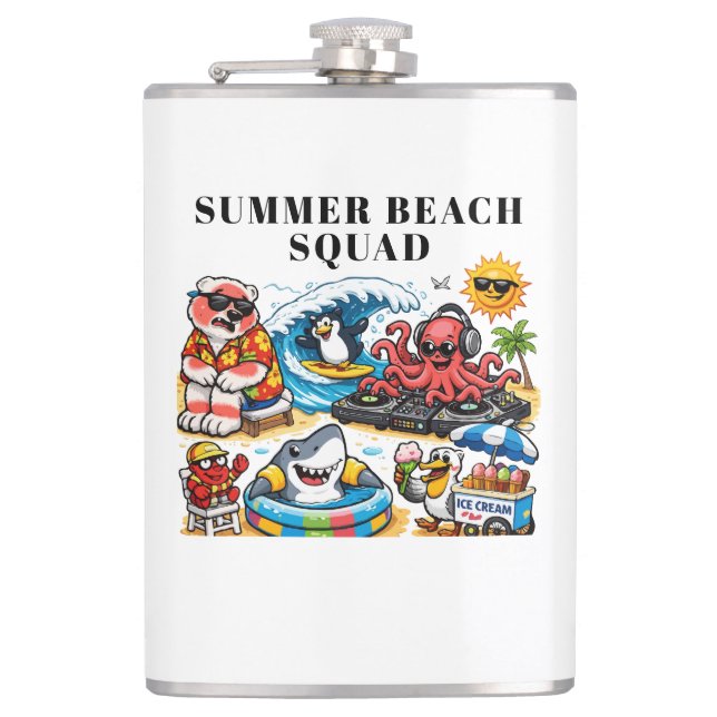 Funny Summer Beach Party Animals - DJ Octopus & Su Hip Flask (Front)