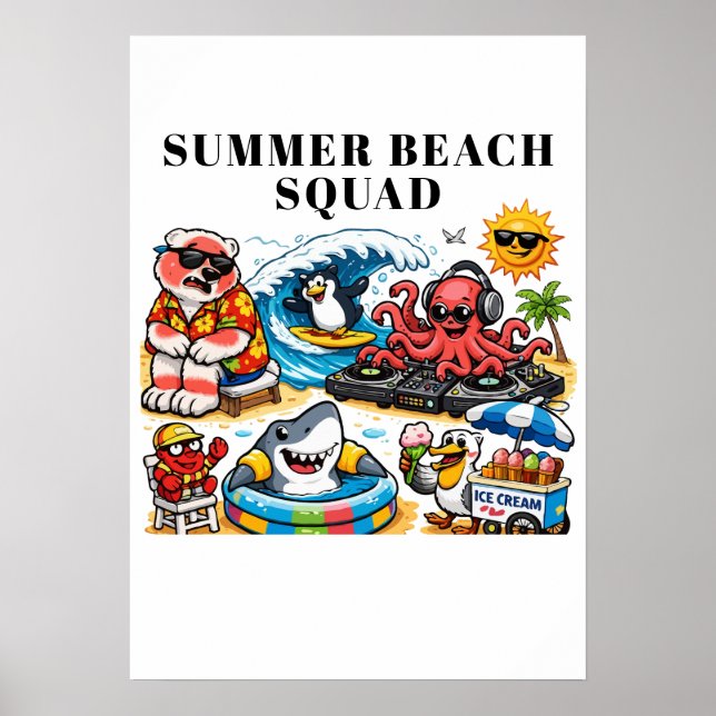 Funny Summer Beach Party Animals - DJ Octopus & Su Poster (Front)