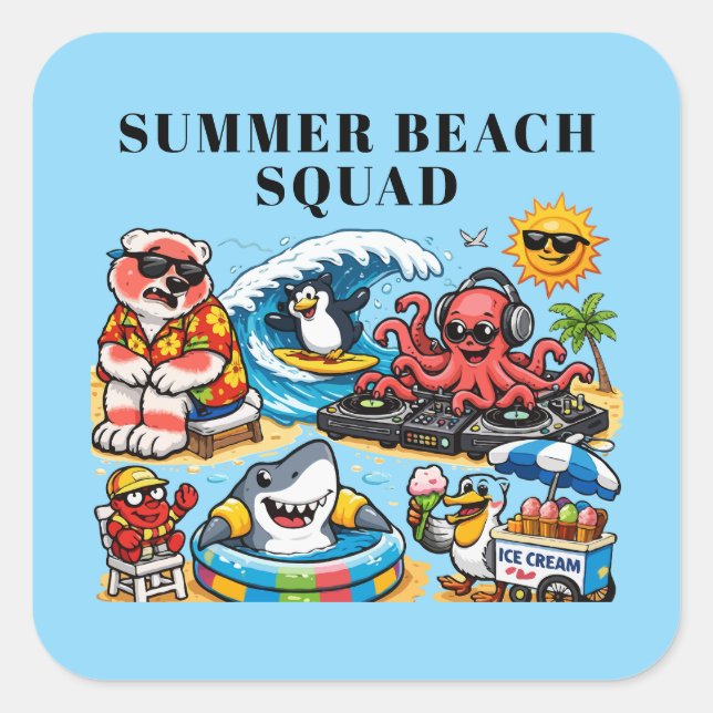 Funny Summer Beach Party Animals - DJ Octopus & Su Square Sticker (Front)