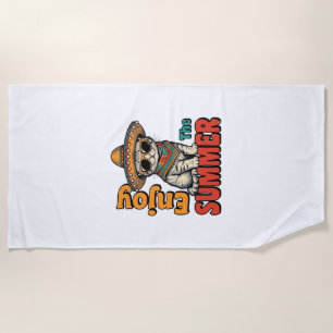 Funny Summer Cat Sombrero Vintage Engraving Design Beach Towel