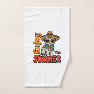 Funny Summer Cat Sombrero Vintage Engraving Design Hand Towel