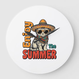Funny Summer Cat Sombrero Vintage Engraving Design Large Clock