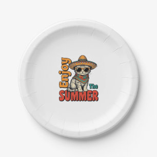 Funny Summer Cat Sombrero Vintage Engraving Design Paper Plate