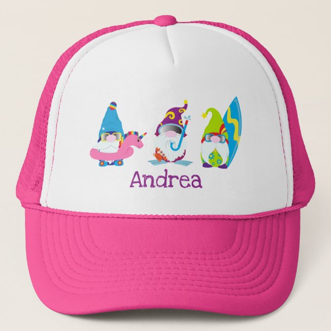 Funny Summer Gnomes Beach Personalised  Trucker Hat (Front)