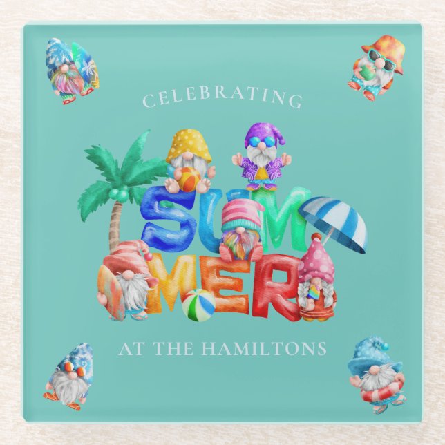 Funny Summer Gnomes Watercolor Glass Coaster (Front)