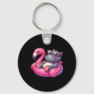Funny Summer Hippo Pink Pool Party Hawaiian Summer Key Ring